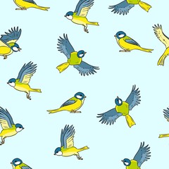 Cartoon titmouse spring birds colorful seamless pattern