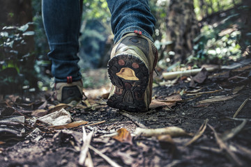 close up shoes of hiking man on a forest path. travel concept.
