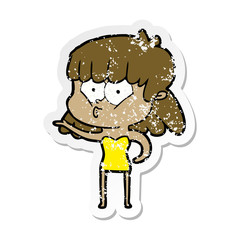 distressed sticker of a cartoon whistling girl
