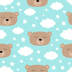 Seamless Pattern. Sleeping bear face. Cloud in the sky. Cute cartoon kawaii funny baby character. Wrapping paper, textile template. Nursery decoration. Blue background. Flat design