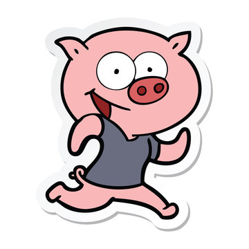 sticker of a cheerful pig exercising cartoon