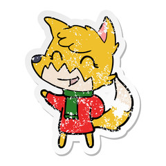 distressed sticker of a happy cartoon fox