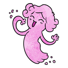 textured cartoon doodle of a happy pink ghost