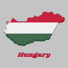 3D Map outline and flag of Hungary, a horizontal tricolor of red white and green.