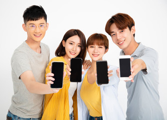 happy young student people showing smartphones