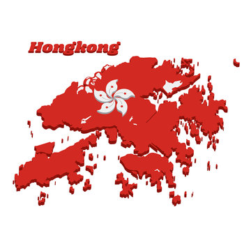 3D Map outline and flag of Hongkong, white five-petal Bauhinia blakeana flower in the centre of a red field.