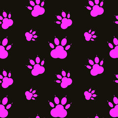 Obraz na płótnie Canvas Paw pattern, seamless vector pattern silhouettes of paw, cat's feet, dog's footprint. Pink on black background