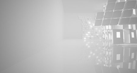 Abstract parametric white interior with neon lighting. 3D illustration and rendering.