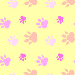 Fototapeta na wymiar Paw pattern, seamless vector pattern silhouettes of paw, cat's feet, dog's footprint. Pink on yellow background