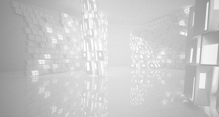 Abstract parametric white interior with neon lighting. 3D illustration and rendering.