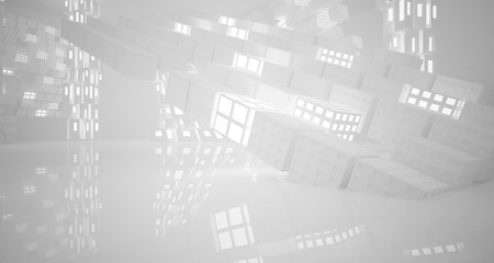 Abstract parametric white interior with neon lighting. 3D illustration and rendering.