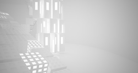 Abstract parametric white interior with neon lighting. 3D illustration and rendering.