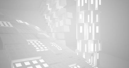 Naklejka premium Abstract parametric white interior with neon lighting. 3D illustration and rendering.