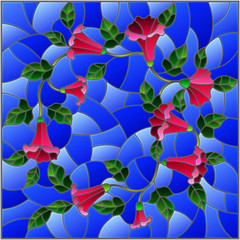 Illustration in stained glass style with flowers loach, pink flowers and leaves on blue background