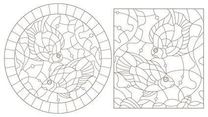 Set of contour illustrations of stained glass Windows with fishes on the background of the seabed and algae, dark contours on a white background