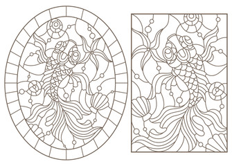 Set of contour illustrations with goldfish on water and seashells background, dark outlines on white background