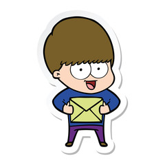 sticker of a happy cartoon boy with present