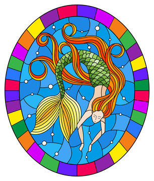 Illustration in stained glass style with mermaid with long red hair on water and air bubbles background, oval image in bright frame,oval image in bright frame
