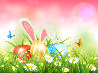Pink Background with Rabbit and Easter Eggs in Grass