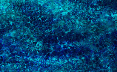 Fototapeta na wymiar Cosmic neon light blue watercolor background. Paper textured aquarelle deep black canvas for modern creative design. Ocean foam and sea texture multicolor water color paint illustration