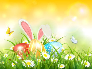 Yellow Background with Rabbit and Easter Eggs in Grass