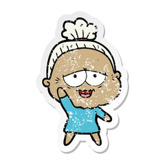 distressed sticker of a cartoon happy old lady