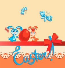 Cute Easter bunnies. Happy easter! Poster, card with funny characters, bow and lace. Design for textiles, gift bags
