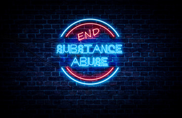A neon sign in blue and red light on a brick wall background that reads: END SUBSTANCE ABUSE