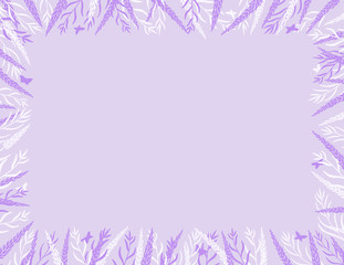 Fototapeta na wymiar Lavender flowers with butterflies frame border with a blank space for a text, logo, or product designs. View from above. Paper scale. Hand drawn vector illustration.