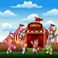 Obraz na płótnie Canvas Cartoon trainer, clown with a cheerleaders on the circus entrance