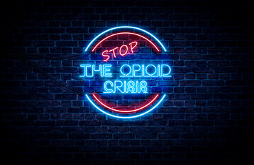 A neon sign in blue and red light on a brick wall background that reads: STOP THE OPIOID CRISIS