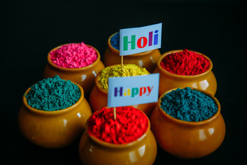 Colorful Holi powder in cups closeup. Bright colours for Indian holi festival in circle of clay...
