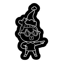 cartoon icon of a pointing woman wearing spectacles wearing santa hat