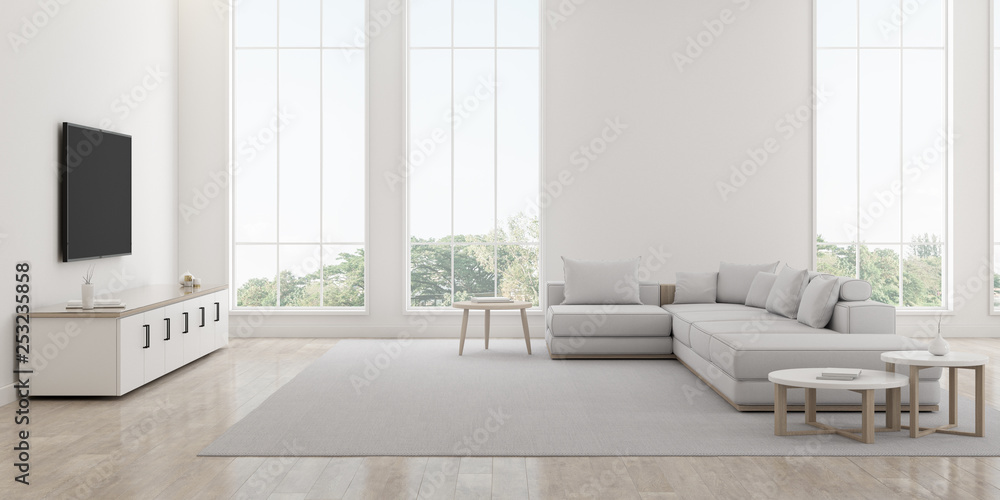 Poster view of white living room in minimal style with furniture on bright laminate floor.interior design w