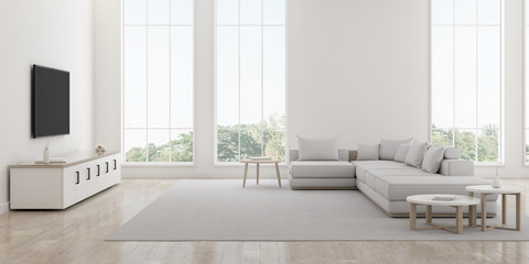 View of white living room in minimal style with furniture on bright laminate floor.Interior design with TV and sofa set on tree background. 3d rendering.	