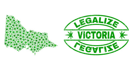 Vector cannabis Australian Victoria map collage and grunge textured Legalize stamp seal. Concept with green weed leaves. Concept for cannabis legalize campaign.