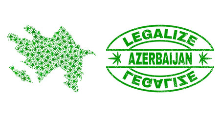 Vector cannabis Azerbaijan map mosaic and grunge textured Legalize stamp seal. Concept with green weed leaves. Concept for cannabis legalize campaign.