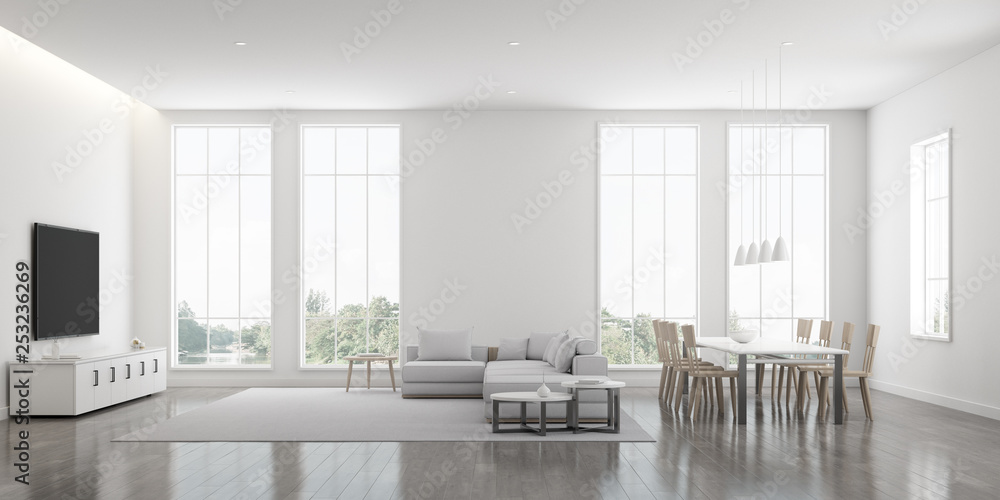 Poster view of white living room in minimal style with furniture on bright laminate floor.interior design w