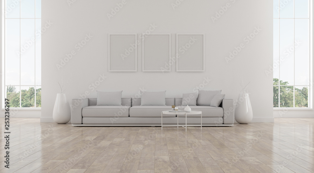 Poster view of white living room in cozy style with furniture on bright laminate floor.perspective of minim