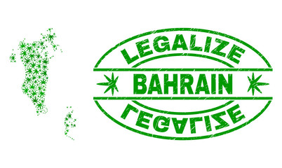 Vector cannabis Bahrain map collage and grunge textured Legalize stamp seal. Concept with green weed leaves. Concept for cannabis legalize campaign. Vector Bahrain map is created from cannabis leaves.