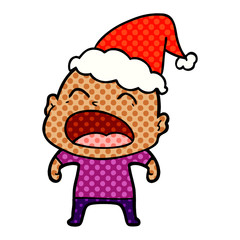 comic book style illustration of a shouting bald man wearing santa hat