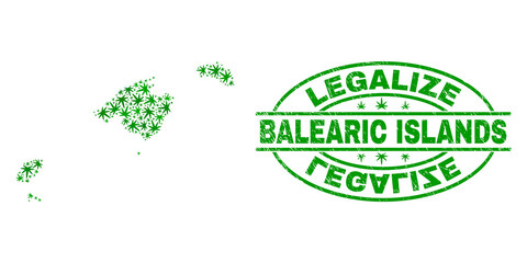 Vector cannabis Balearic Islands map mosaic and grunge textured Legalize stamp seal. Concept with green weed leaves. Template for cannabis legalize campaign.