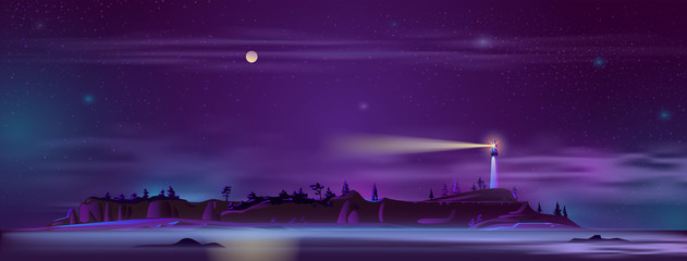 Vector background with lighthouse at night - building on the hill with searchlight, illuminated shore, landscape. Tower for navigation in ultraviolet colors, full moon backdrop. Mist, haze on beach.
