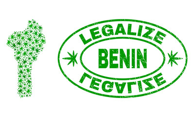 Vector marijuana Benin map mosaic and grunge textured Legalize stamp seal. Concept with green weed leaves. Concept for cannabis legalize campaign. Vector Benin map is constructed with weed leaves.