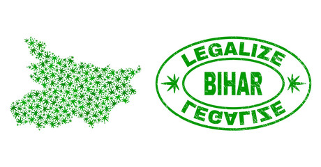 Vector cannabis Bihar State map collage and grunge textured Legalize stamp seal. Concept with green weed leaves. Concept for cannabis legalize campaign.
