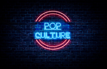 A neon sign in blue and red light on a brick wall background that reads: POP CULTURE