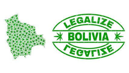 Vector cannabis Bolivia map mosaic and grunge textured Legalize stamp seal. Concept with green weed leaves. Template for cannabis legalize campaign.