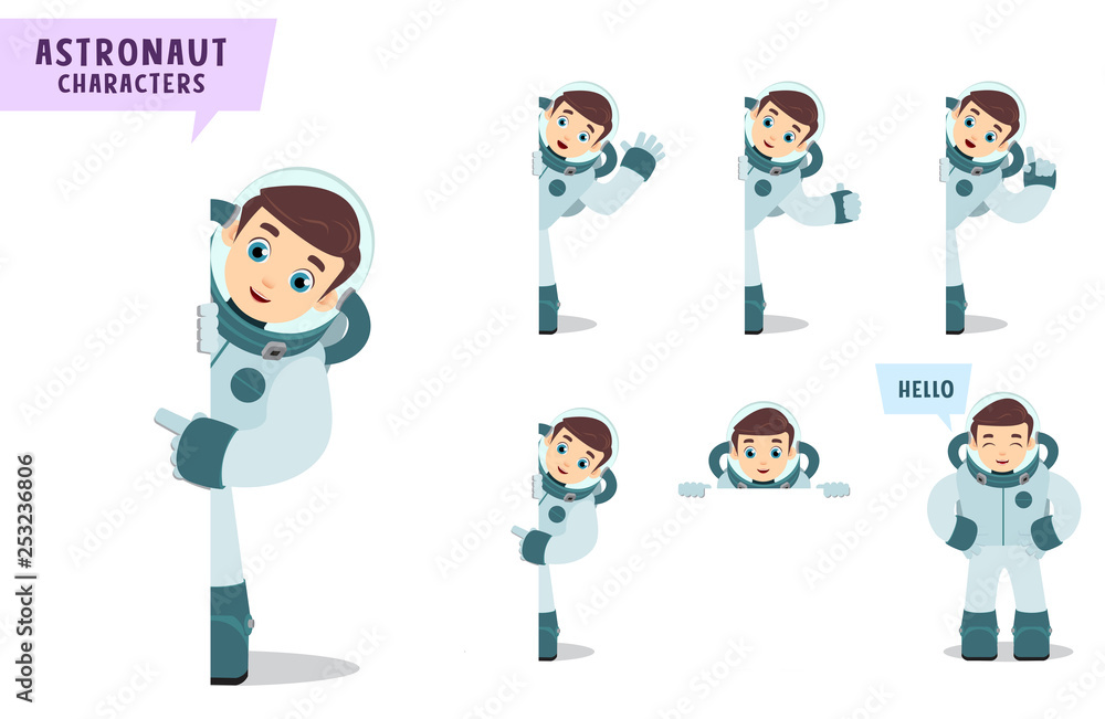 Poster astronaut vector character set. astronaut kids talking and riding rocket with hand gestures and pose