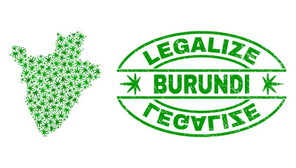 Vector cannabis Burundi map collage and grunge textured Legalize stamp seal. Concept with green weed leaves. Concept for cannabis legalize campaign.