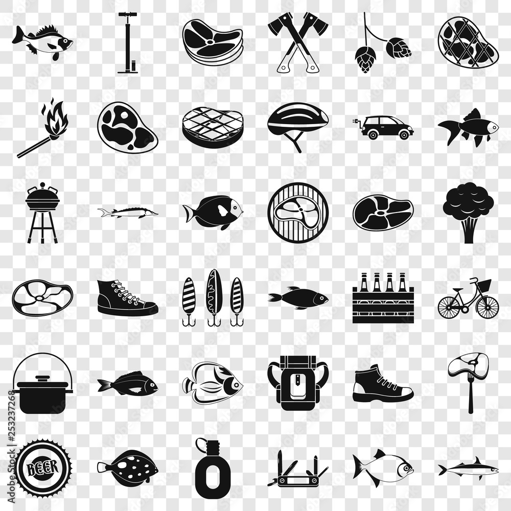 Poster bbq rest icons set. simple style of 36 bbq rest vector icons for web for any design